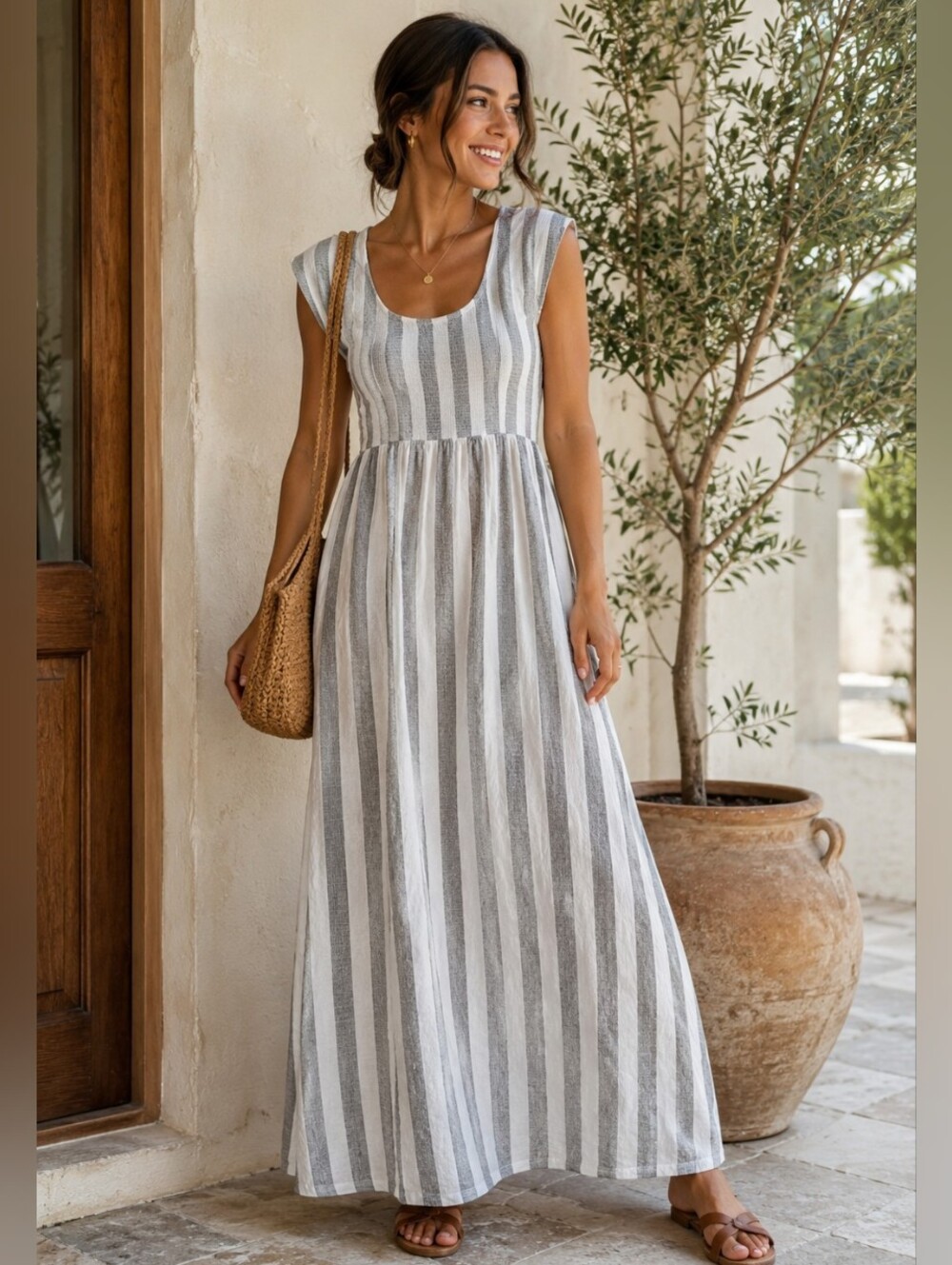 Jacquie the Label Gray White Striped Smocked Maxi Dress Size Small